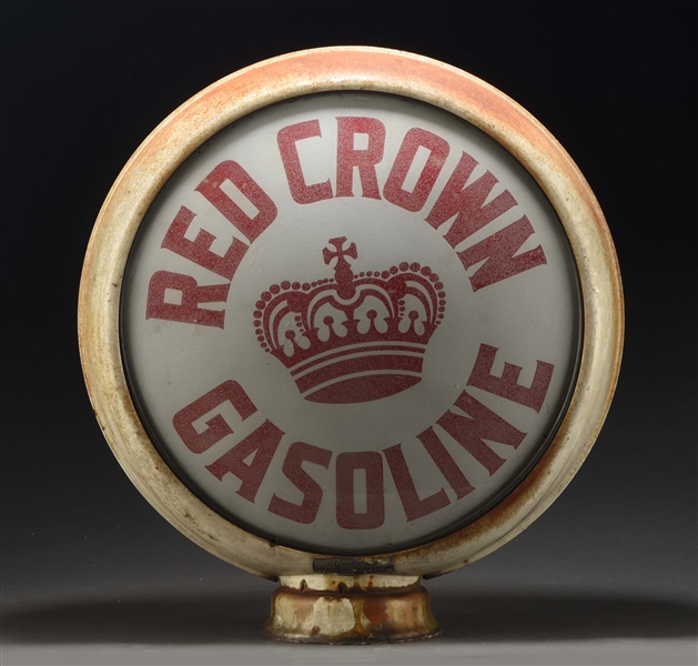 RED CROWN GASOLINE 15" SINGLE GLOBE LENS IN ORIGINAL METAL BODY.