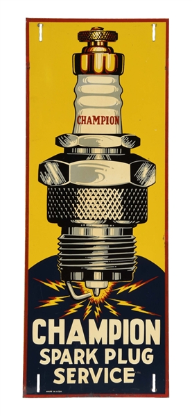 CHAMPION SPARK PLUG SERVICE VERTICAL TIN SIGN WITH SPARK PLUG GRAPHIC.