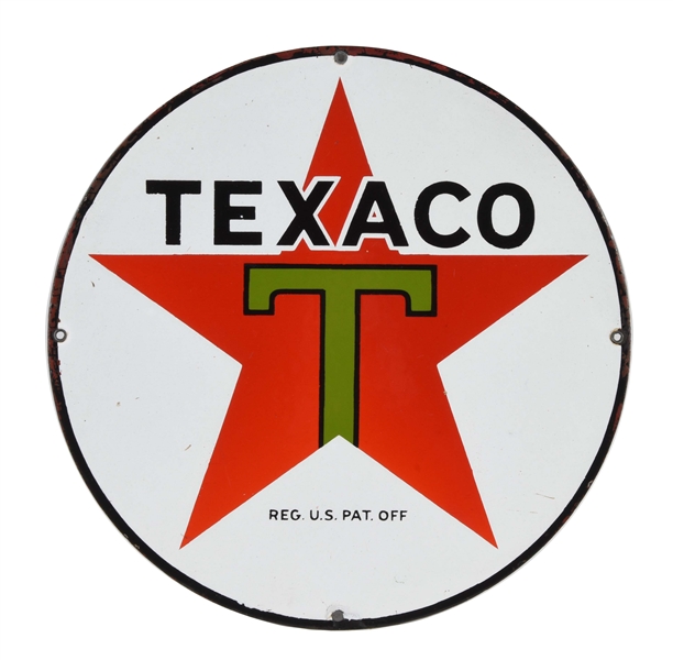 TEXACO GASOLINE & MOTOR OIL PORCELAIN OIL CART SIGN.