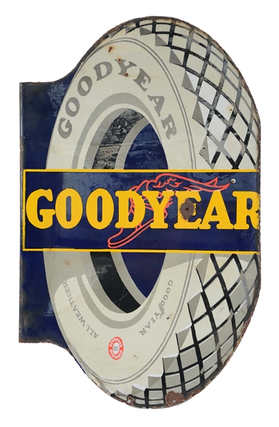 GOODYEAR TIRES PORCELAIN FLANGE SIGN W/ TIRE GRAPHIC. 
