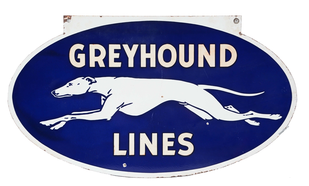GREYHOUND BUS LINES PORCELAIN SIGN W/ DOG GRAPHIC. 