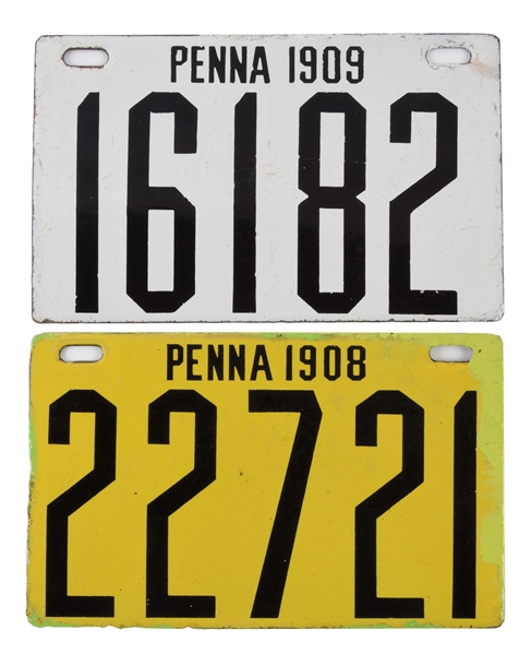 LOT OF 2: PENNSYLVANIA PORCELAIN AUTOMOBILE LICENSE PLATES 1908 & 1909.