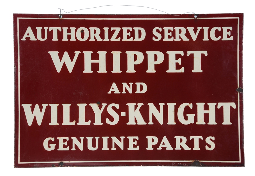 WHIPPET & WILLYS-KNIGHT AUTHORIZED SERVICE PORCELAIN SIGN. 