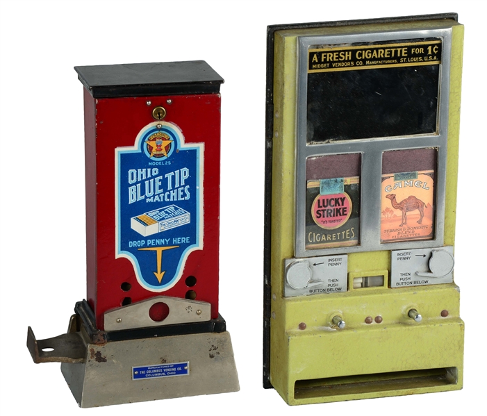 LOT OF 2: 1¢ MATCH AND CIGARETTE VENDING MACHINES. 