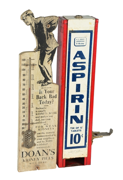 LOT OF 2: ASPIRIN VENDOR AND ADVERTISING THERMOMETER. 