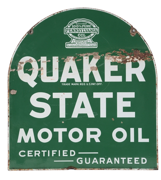 QUAKER STATE MOTOR OIL PORCELAIN TOMBSTONE SIGN. 