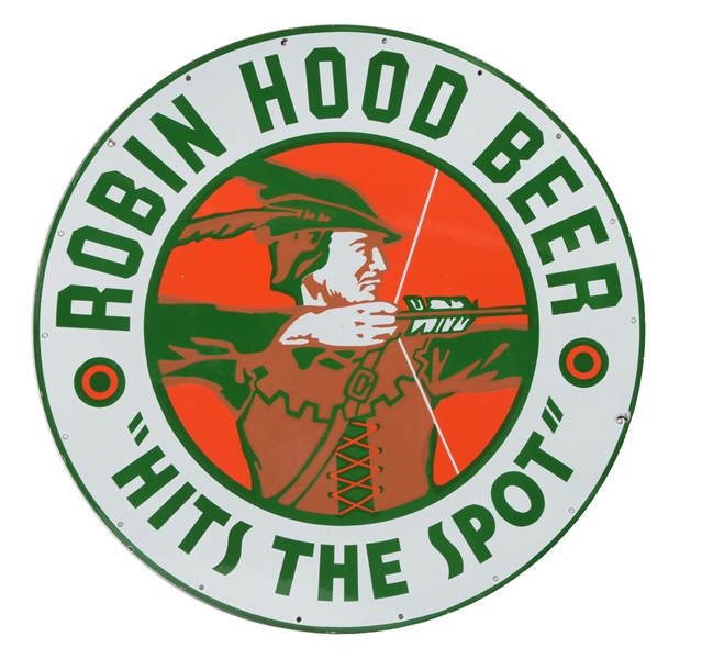 OUTSTANDING ROBIN HOOD BEER "HITS THE SPOT" PORCELAIN SIGN. 