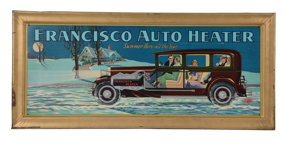 FRANCISCO AUTO HEATER EMBOSSED TIN SIGN WITH CAR GRAPHIC. 