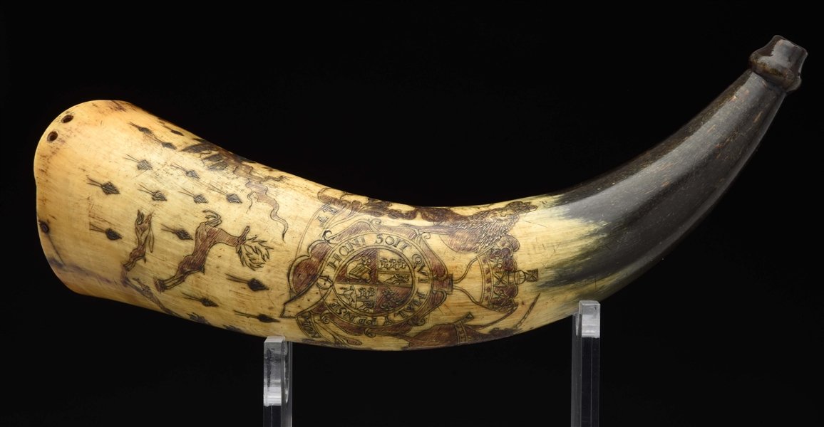 ENGRAVED PITTSBURG POWDER HORN WITH LARGE BRITISH CREST ATTRIBUTED TO THE POINTED TREE CARVER, EX. DUMONT COLLECTION.