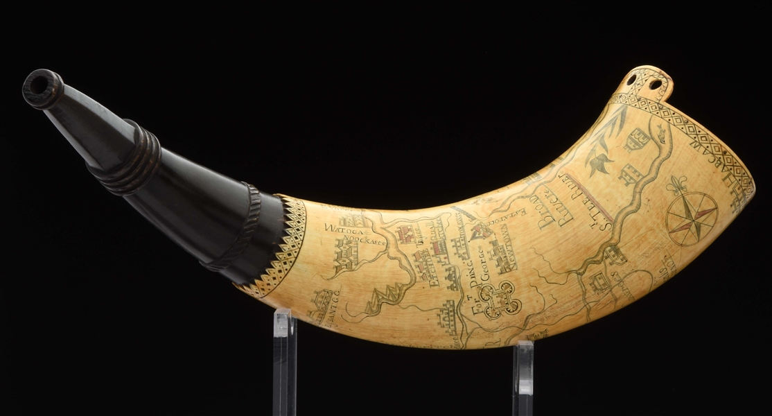 RARE ENGRAVED NORTH CAROLINA MAP POWDER HORN WITH VIEW OF CHARLESTOWN, SC AND FORT JOHNSTON, OWNED BY CAPTAIN CHAS. RICHARDES.