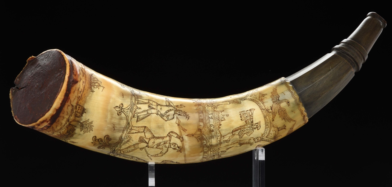 MASTER CARVER ATTRIBUTED ENGRAVED POWDER HORN OF THOMAS HOOTON, DATED 1763, EX. DUMONT.