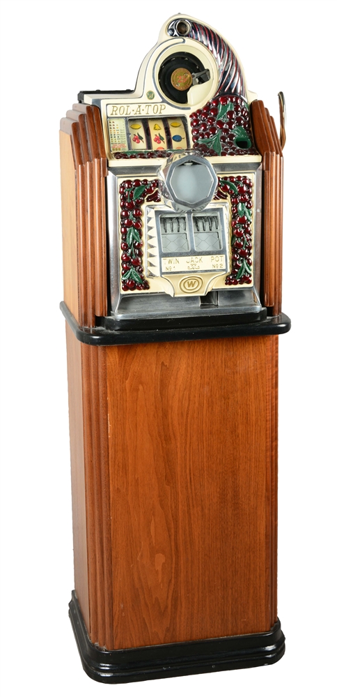 **25¢ WATLING ROL-A-TOP CHERRY FRONT CONSOLE SLOT MACHINE. 