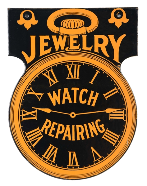 DOUBLE SIDED PORCELAIN JEWELRY WATCH REPAIRING ADVERTISING SIGN. 
