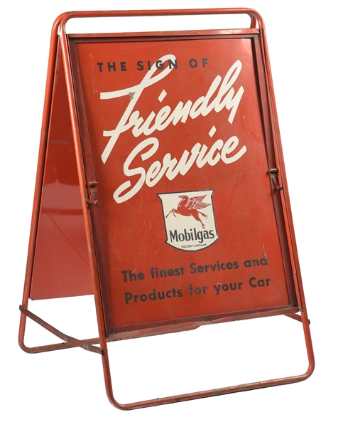 MOBILE PEGASUS FRIENDLY SERVICE FOLD OUT TIN CURB SIGN. 