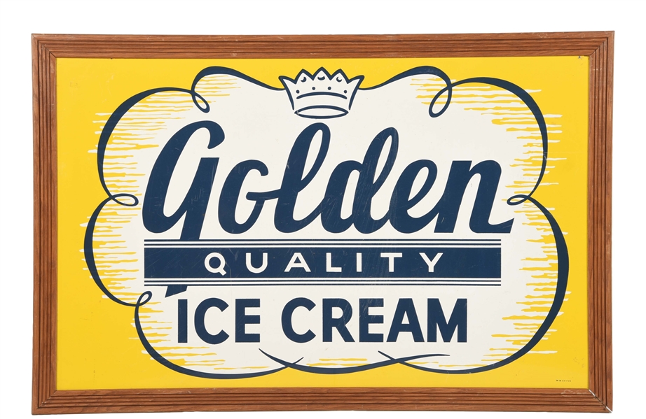 GOLDEN QUALITY ICE CREAM TIN SIGN WITH WOOD FRAME. 