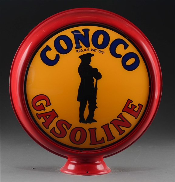 CONOCO GASOLINE WITH MINUTEMAN GRAPHIC 15" COMPLETE GAS GLOBE. 