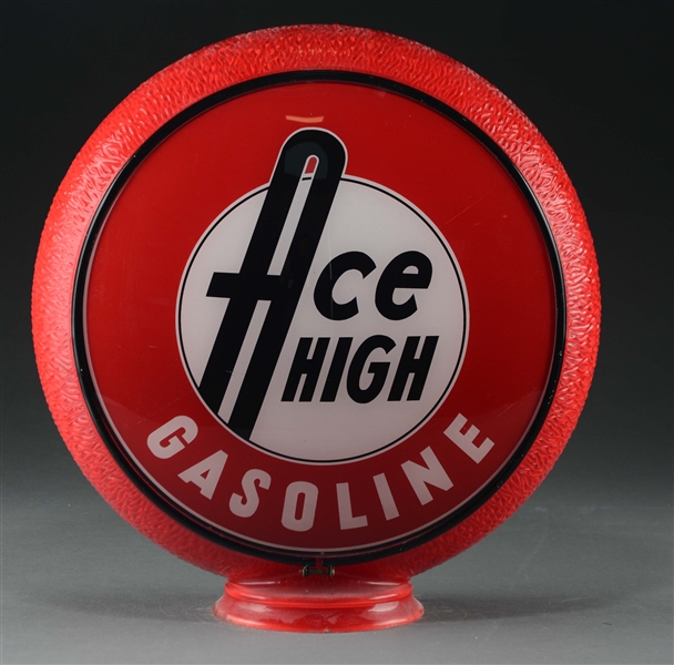 ACE HIGH GASOLINE COMPLETE 13-1/2" GLOBE ON RED RIPPLE BODY. 