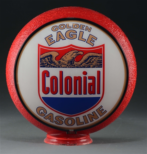 COLONIAL GOLDEN EAGLE GASOLINE 13-1/2" COMPLETE GLOBE ON RED RIPPLE BODY.