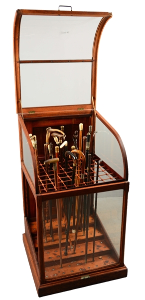 EXCELSIOR SHOWCASE WORKS CANE AND UMBRELLA DISPLAY CASE WITH CANES. 
