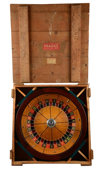 B.C. WILLS REGULATION ROULETTE WHEEL WITH SHIPPING CRATE.