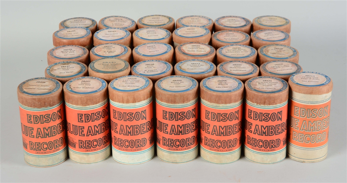 LOT OF 31: EDISON 4-MINUTE BLUE AMBEROL CONCERT SERIES CYLINDER RECORDS.