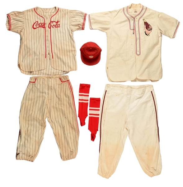 LOT OF 3: 1950S COCA-COLA HAT & BASEBALL OUTFITS. 