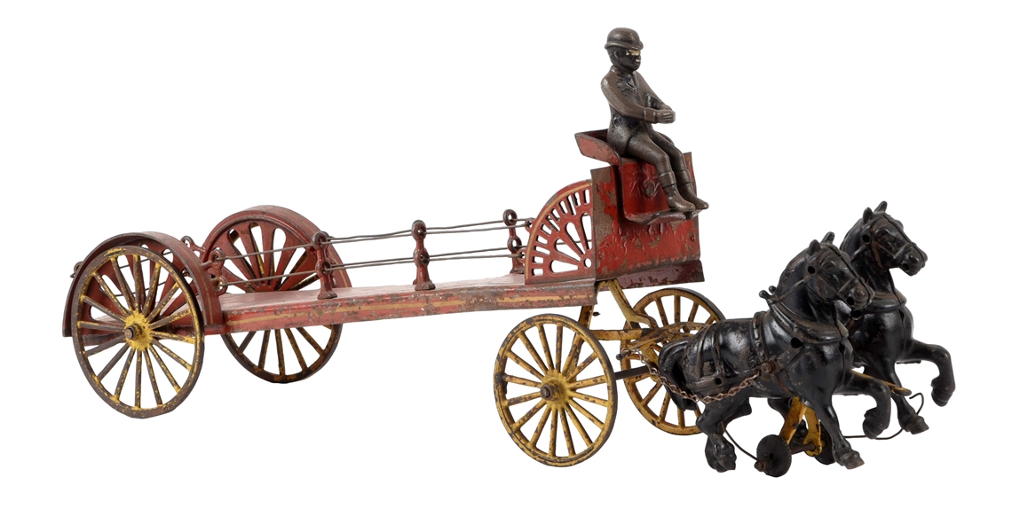 CAST IRON WILKINS HORSE DRAY WAGON WITH FIGURE.
