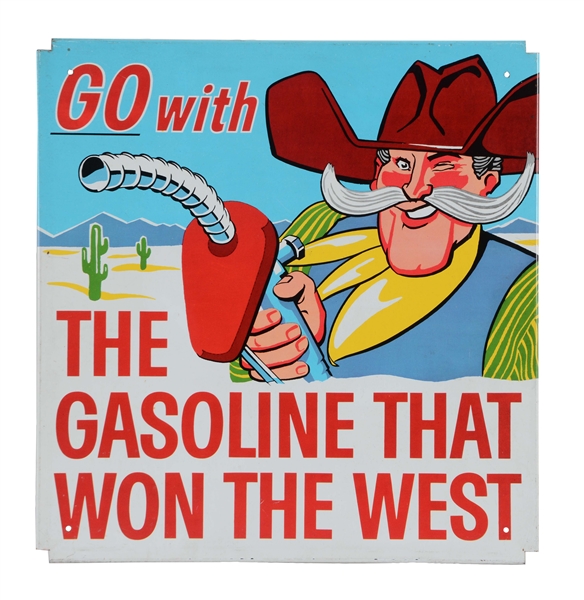 PHILLIPS 66 GO WITH THE GASOLINE THAT WON THE WEST TIN SIGN.