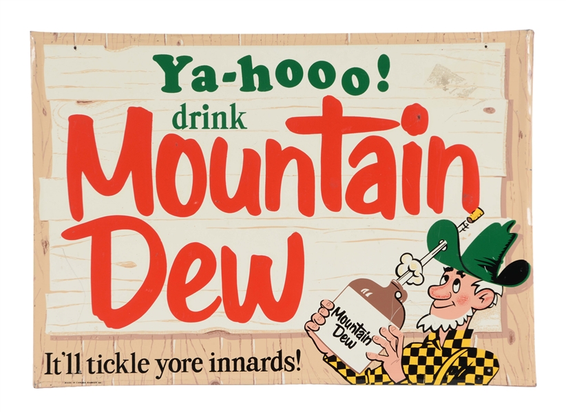 YAHOO DRINK MOUNTAIN DEW EMBOSSED TIN SIGN.