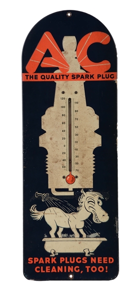 AC SPARK PLUGS EMBOSSED TIN THERMOMETER.