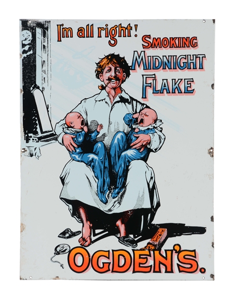 OGDENS IM ALL RIGHT SMOKING MIDNIGHT FLAKE TOBACCO PORCELAIN SIGN.