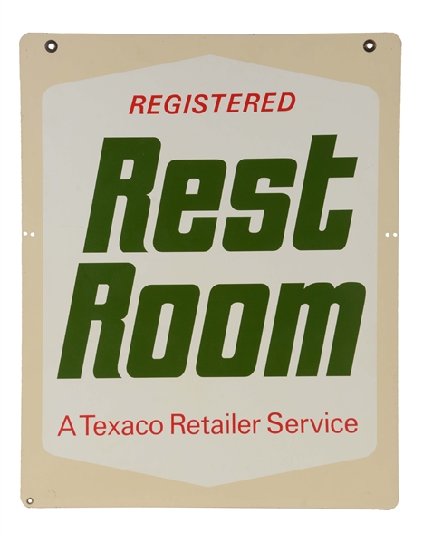 TEXACO REGISTERED REST ROOM NEW OLD STOCK TIN SIGN.