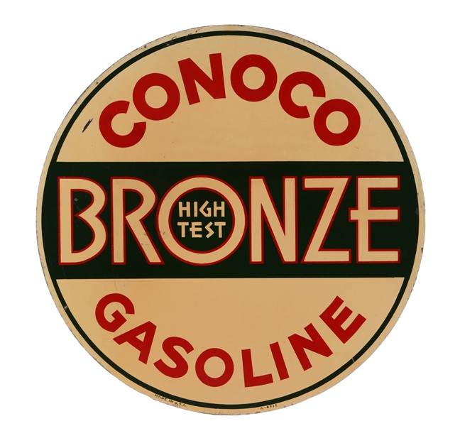 CONOCO GASOLINE BRONZE HIGH TEST TIN CURB SIGN.