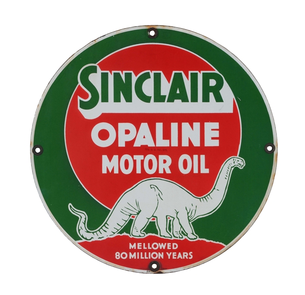 SINCLAIR OPALINE MOTOR OIL PORCELAIN SIGN WITH DINOSAUR GRAPHIC.