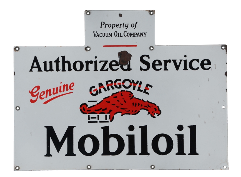 MOBIL GARGOYLE AUTHORIZED SERVICE PORCELAIN OIL RACK SIGN.