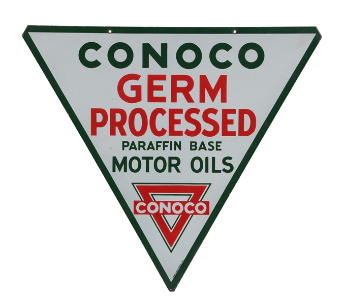 CONOCO GERM PROCESSED MOTOR OILS TRIANGLE PORCELAIN SIGN.