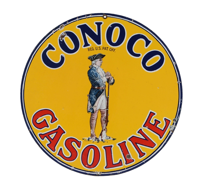 CONOCO GASOLINE PORCELAIN SIGN WITH MINUTEMAN GRAPHIC.