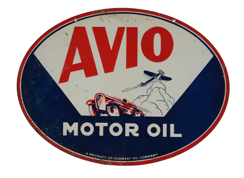 AVIO MOTOR OIL TIN SIGN WITH CAR & AIRPLANE GRAPHIC.