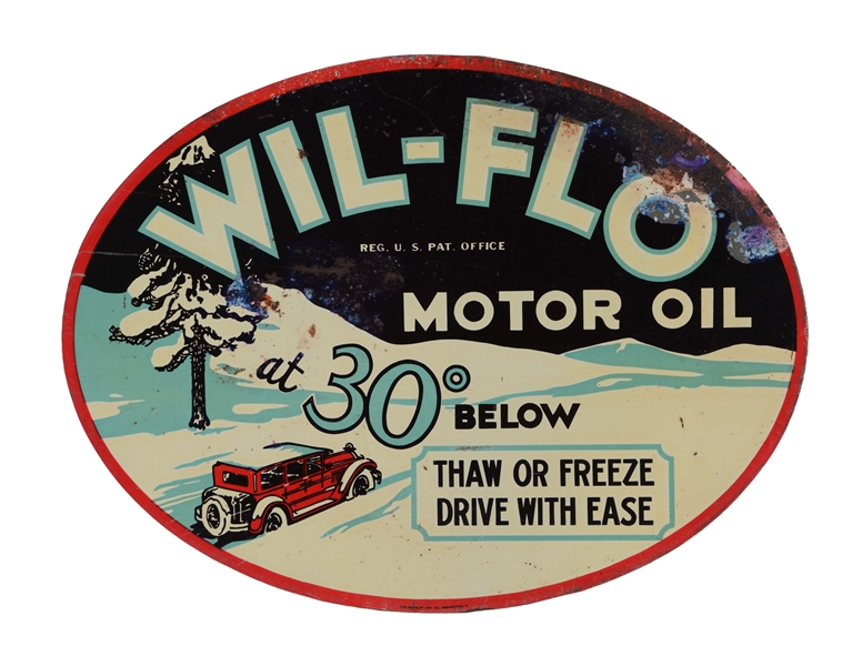 WIL-FLO MOTOR OIL TIN SIGN WITH CAR GRAPHIC.