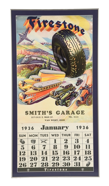 FIRESTONE TIRES 1936 CALENDAR FOR SMITHS GARAGE.