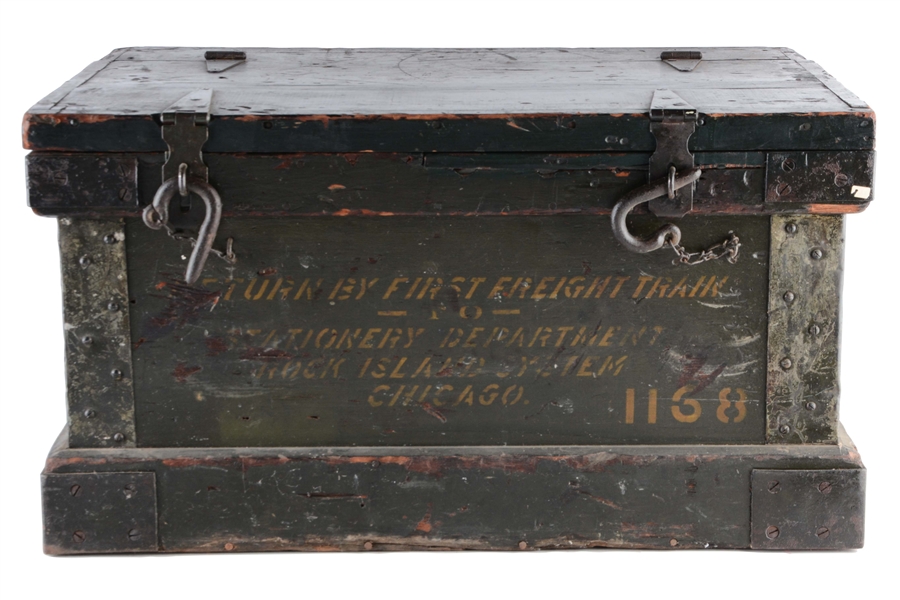 FREIGHT WOODEN TRUNK WITH ORIGINAL HARDWARE.