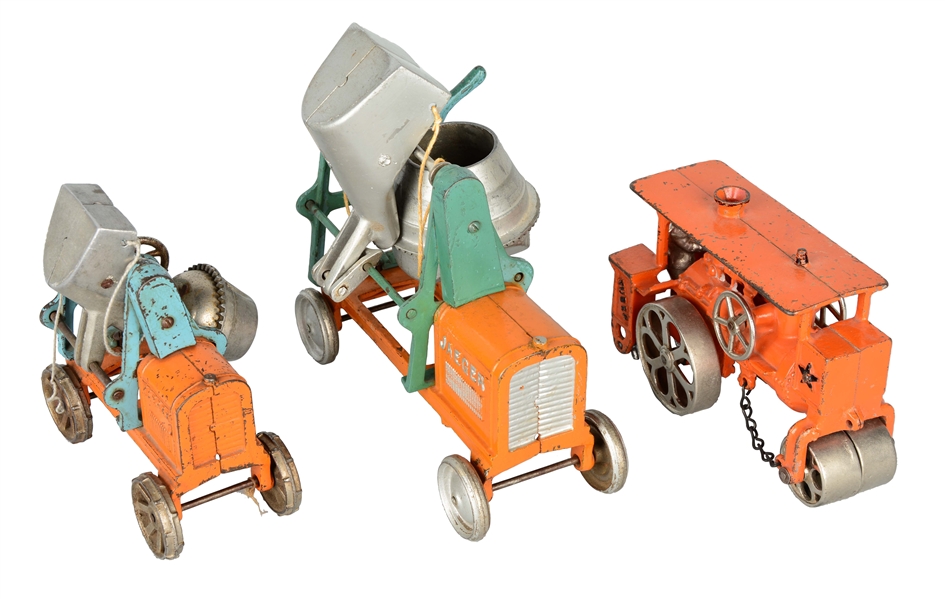 LOT OF 3: CAST IRON CEMENT MIXERS & ROLLER. 