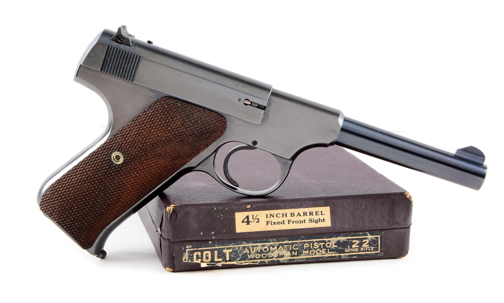 (C) BOXED PRE-WAR COLT WOODSMAN SEMI-AUTOMATIC PISTOL WITH TEST TARGET & HANG TAG (1946).