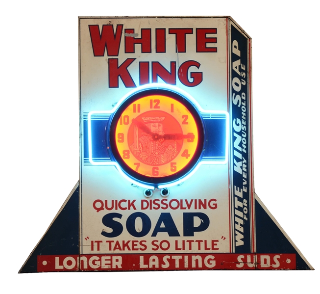 WHITE KING SOAP OUTDOOR TIN SIGN WITH TWO TONE NEON CLOCK FACE.