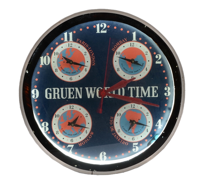 GRUEN WORLD TIME GLASS FACE NEON CLOCK.