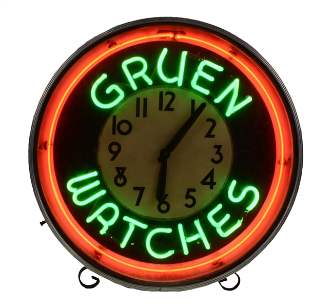 GRUEN WATCHES TWO COLOR NEON GLASS FACE ADVERTISING CLOCK.