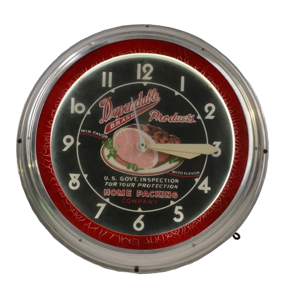 DEPENDABLE BRAND PRODUCTS NEON ADVERTISING CLOCK.
