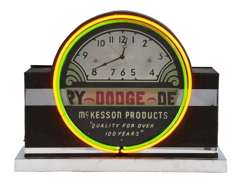 MCKESSON PRODUCTS ACID ETCHED GLASS NEON DISPLAY CLOCK W/ SCROLL.