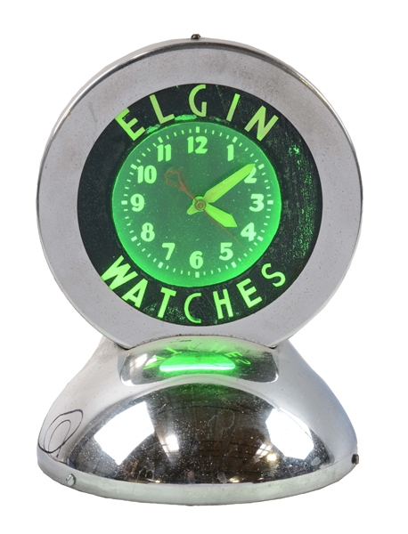 ELGIN WATCHES REVERSE PAINTED GLASS DESK TOP GLO DIAL NEON CLOCK.