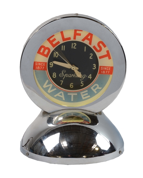 BELFAST SPARKLING WATER REVERSE ON GLASS DESK TOP GLO DIAL NEON CLOCK.